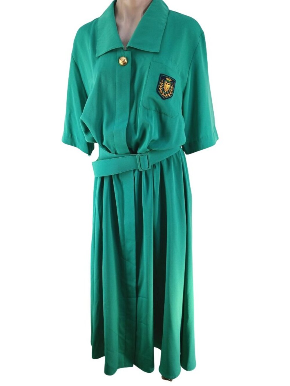 MS Chaus Green Belted Shirt Dress Crest Gold Button Short Sleeves Womens Size 16